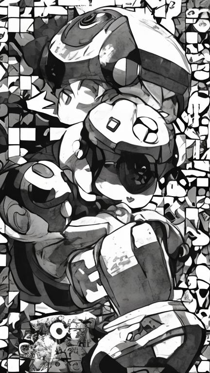 Prompt: Create a manga style  black and white QR code style patter with megaman in the white spaces 