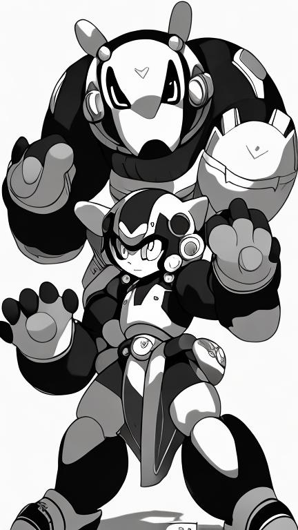 Prompt: Create a manga style black and white image of a bear type mega man character 