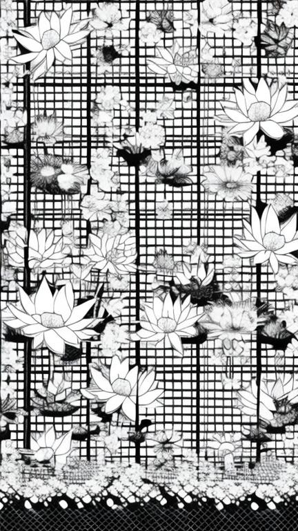 Prompt: Create a manga style checkered black and white image. The black boxes will have chain link fence and the while falling lotus flowers. Make the flowers huge