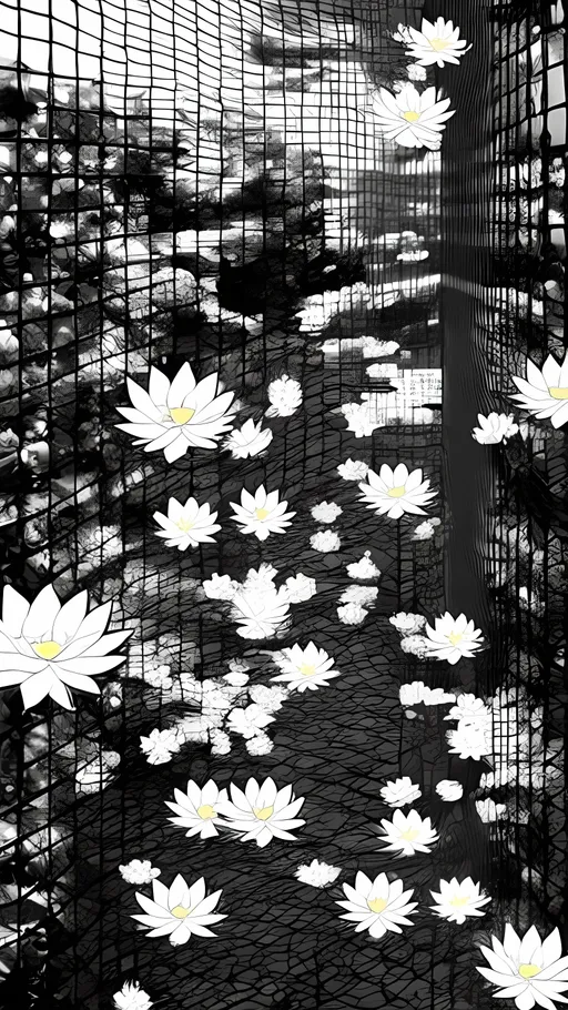 Prompt: Create a manga style checkered black and white image. The black boxes will have chain link fence and the while falling lotus flowers. Make the flowers tiny