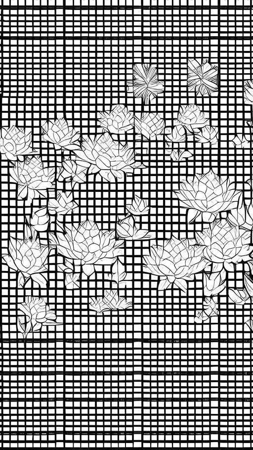 Prompt: Create a manga style checkered black and white image. The black boxes will have chain link fence and the while falling lotus flowers 