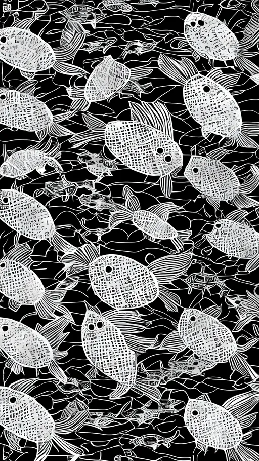 Prompt: Create a manga style black and white sashiko pattern add joy fish