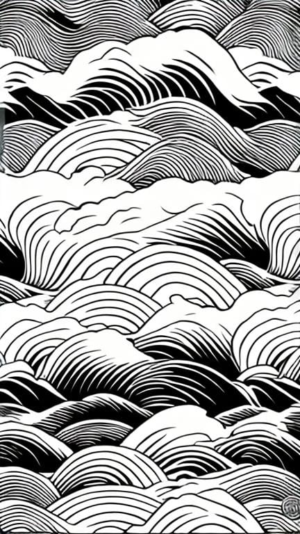 Prompt: Create a manga style  black and white image of a Seigaiha wave repeating pattern