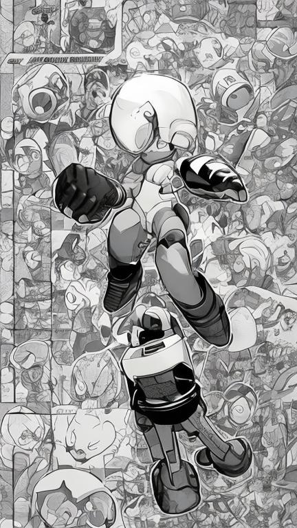 Prompt: Create a manga style  black and white QR code style patter with megaman in the white spaces 