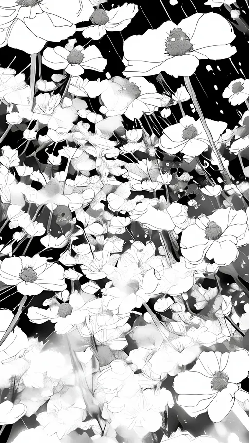 Prompt: Create a manga style black and white image of blossom pedals  falling 