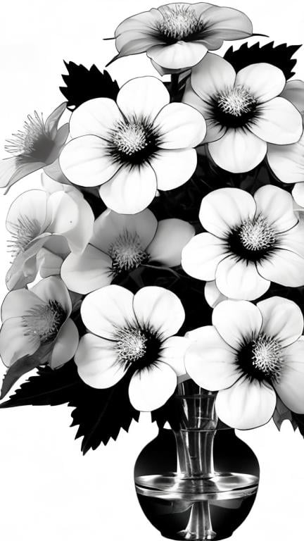 Prompt: Create a manga style black and white image of a Japanese flower in a vase