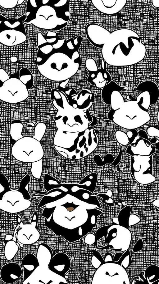 Prompt: Create a manga style black and white sashiko pattern with anime animal heads 