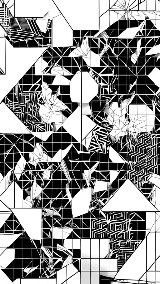 Prompt: Black and white manga style image of 3D geometric pattern  with Japanese inspiration 