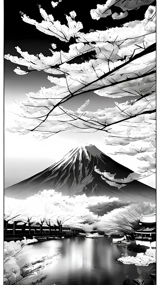 Prompt: Create a manga style black and white image of a cherry blossom tree and mt fugi Japan 