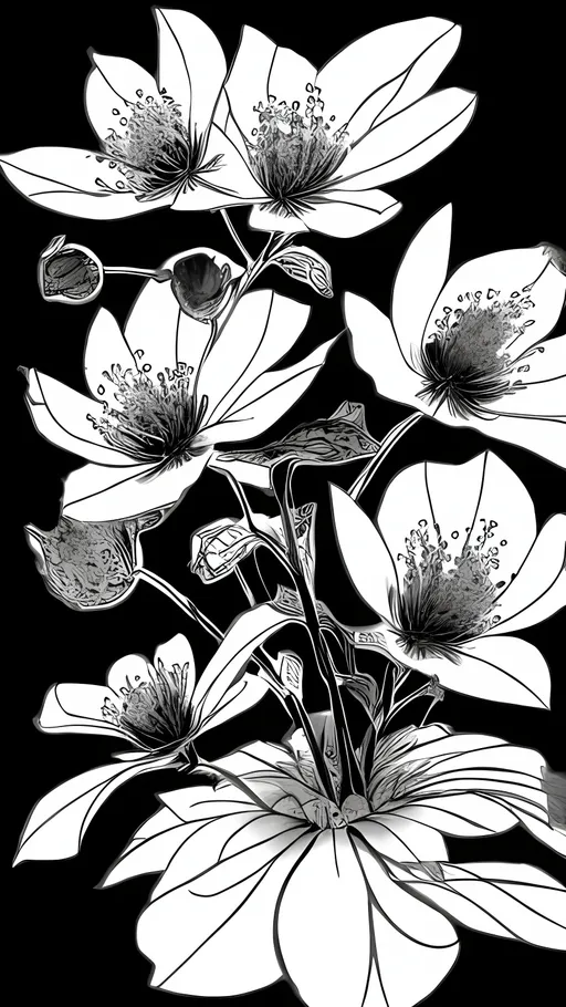 Prompt: Create a manga style black and white image of a Japanese flower in a vase