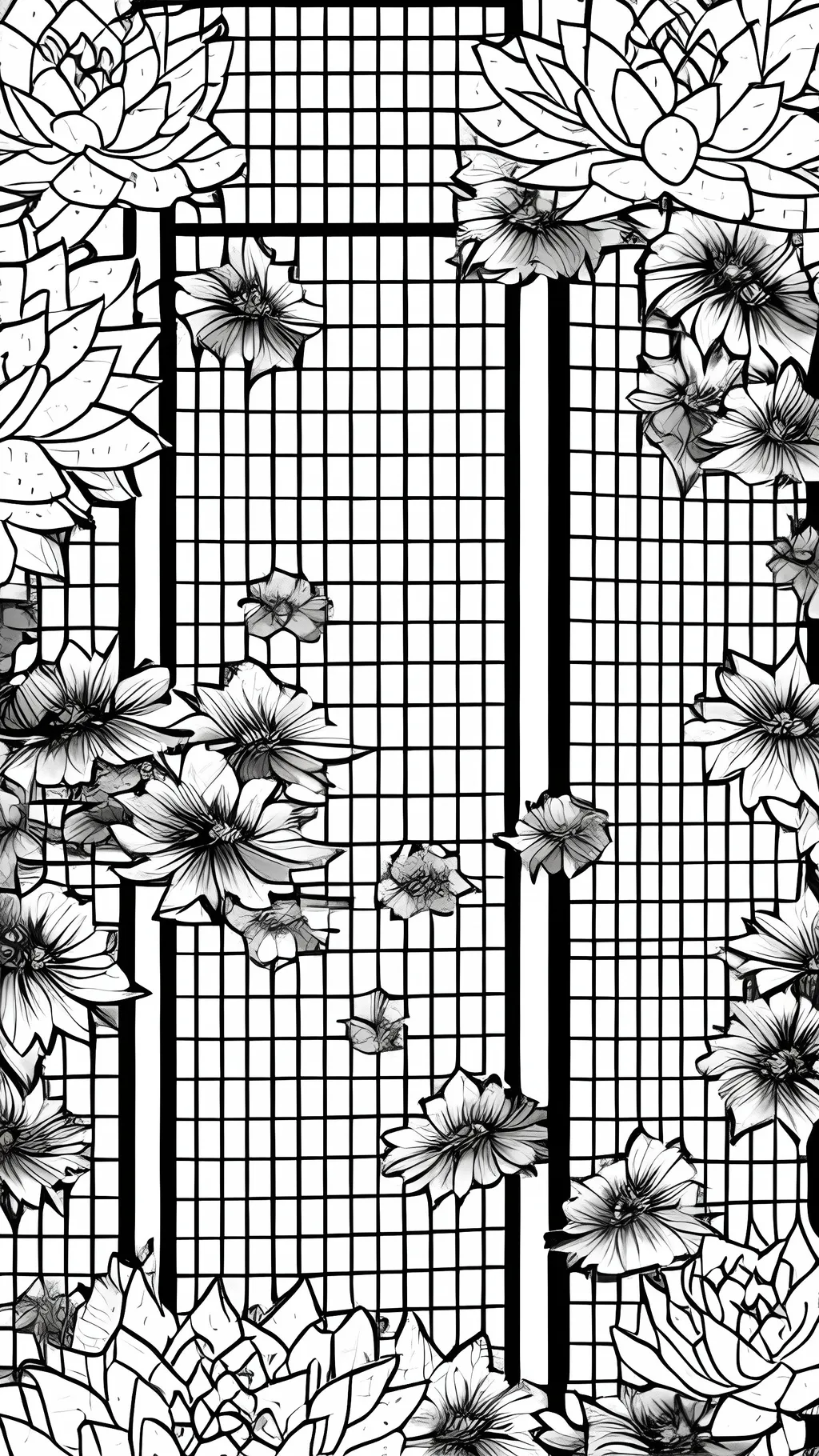 Prompt: Create a manga style checkered black and white image. The black boxes will have chain link fence and the while falling lotus flowers. Make the flowers huge