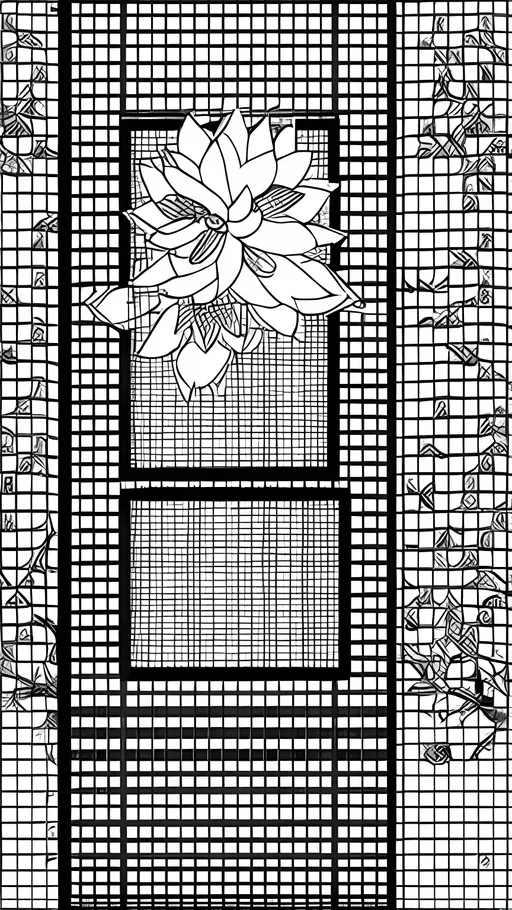 Prompt: Create a manga style checkered black and white image. The black boxes will have chain link fence and the while falling lotus flowers 