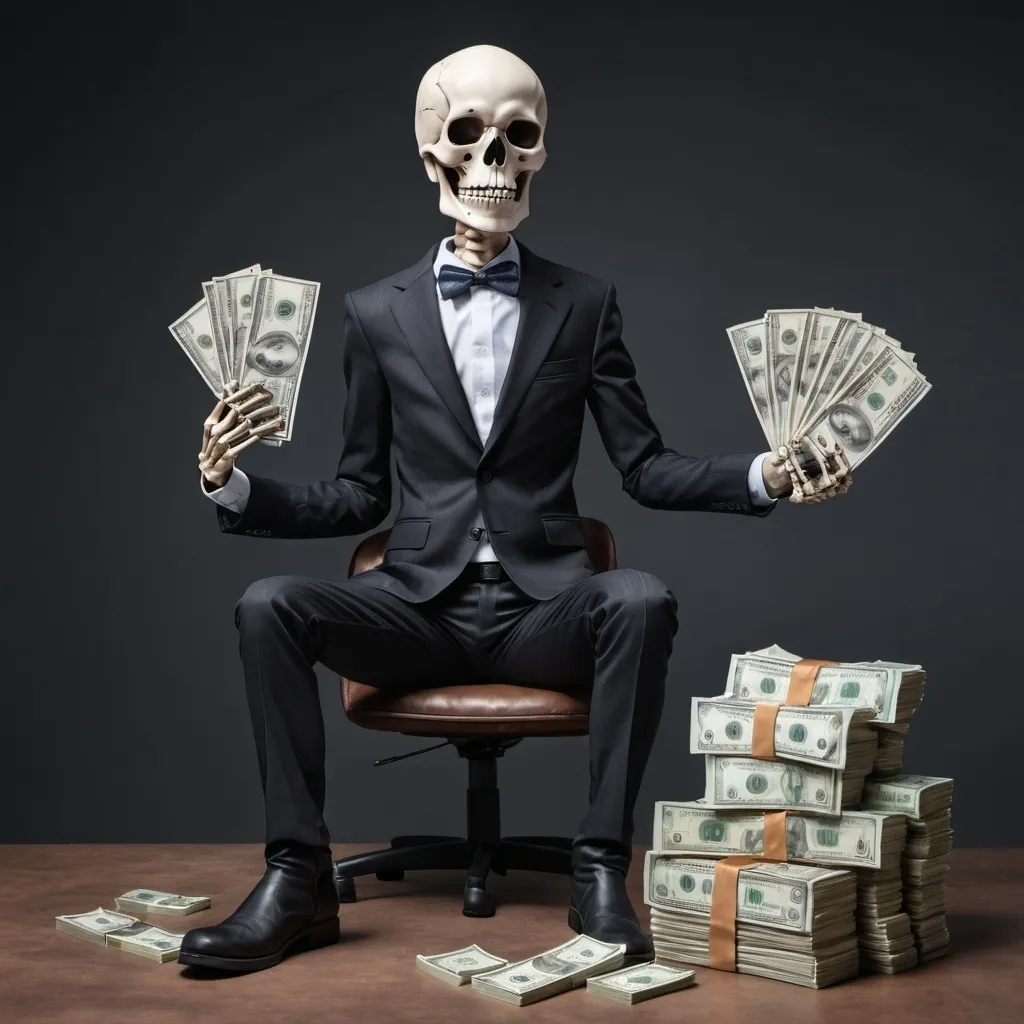 Prompt: A full image of a skeleton wearing a suit and boots holding a stack of cash on the left hand and stock trends on the right hand