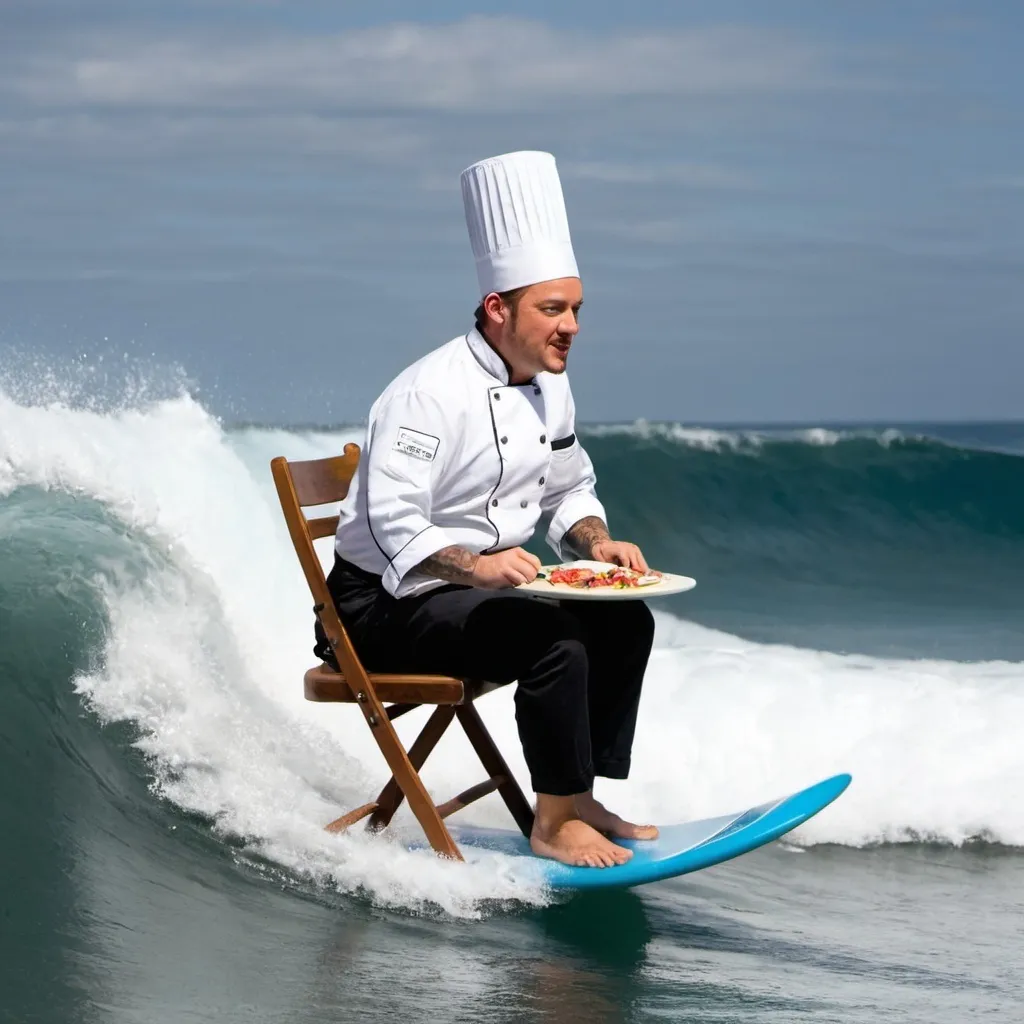 Prompt: A photo of a chef siting on a chair  while surfing