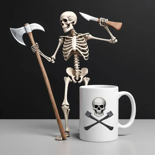 Prompt: Generate An image of a skeleton holding an axe and a mug that has a skeleton imprint 