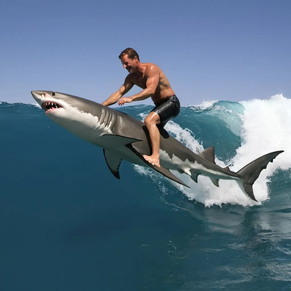 Prompt:  a man surfing a shark 