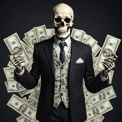 Prompt: A skeleton wearing a suit holding a stack of cash on the left hand and stock candle pattern on the right hand