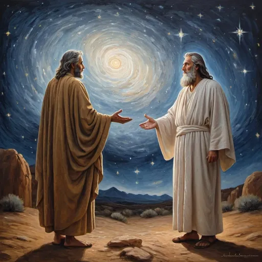 Prompt: God and Abraham standing together, starry night sky, serene and awe-inspiring, oil painting, biblical, godly presence, ancient robes, divine connection, spiritual atmosphere, high quality, detailed, oil painting, biblical, serene, divine, spiritual, night sky, ancient robes