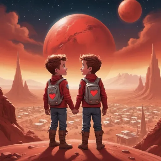 Prompt: In the town of Mars, where the sky is red,
Lived two brothers, Parker and Preston, it's said.
With hearts full of wonder and eyes bright with glee,
They set out on adventures, just wait and see!