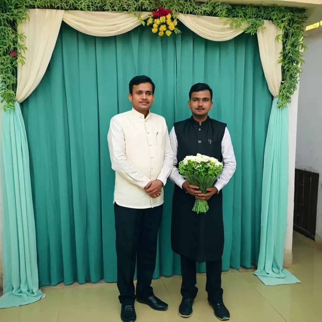 Prompt: a man standing next to a blue wall holding a planter in his hand and a blue curtain behind him, Bikash Bhattacharjee, samikshavad, jayison devadas, a picture