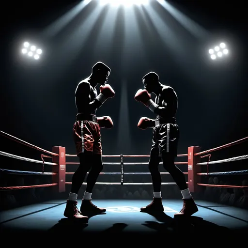 Prompt: The silhoutte of 2 boxers in a ring, with the spot light on the ring and everywhere else, very dim lights and in the stands only video game consoles and books