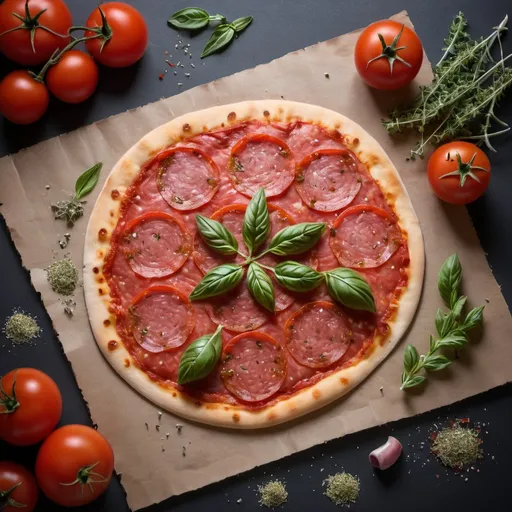 Prompt: Pizzatasche abstrakt tomate olivenöl oregano salami mortadela