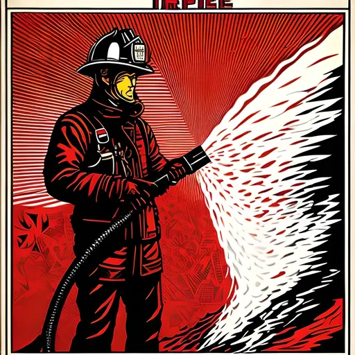 Prompt: poster, shepard fairey, of a firefighter holding a hoseline spraying water, 2d, using the colors black red and white. 