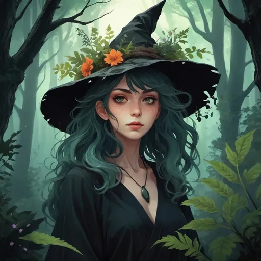 Prompt: semi realistic anime style digital painting with fantasy atmosphere of forest witch, with plants details, flowers silhouette. 
