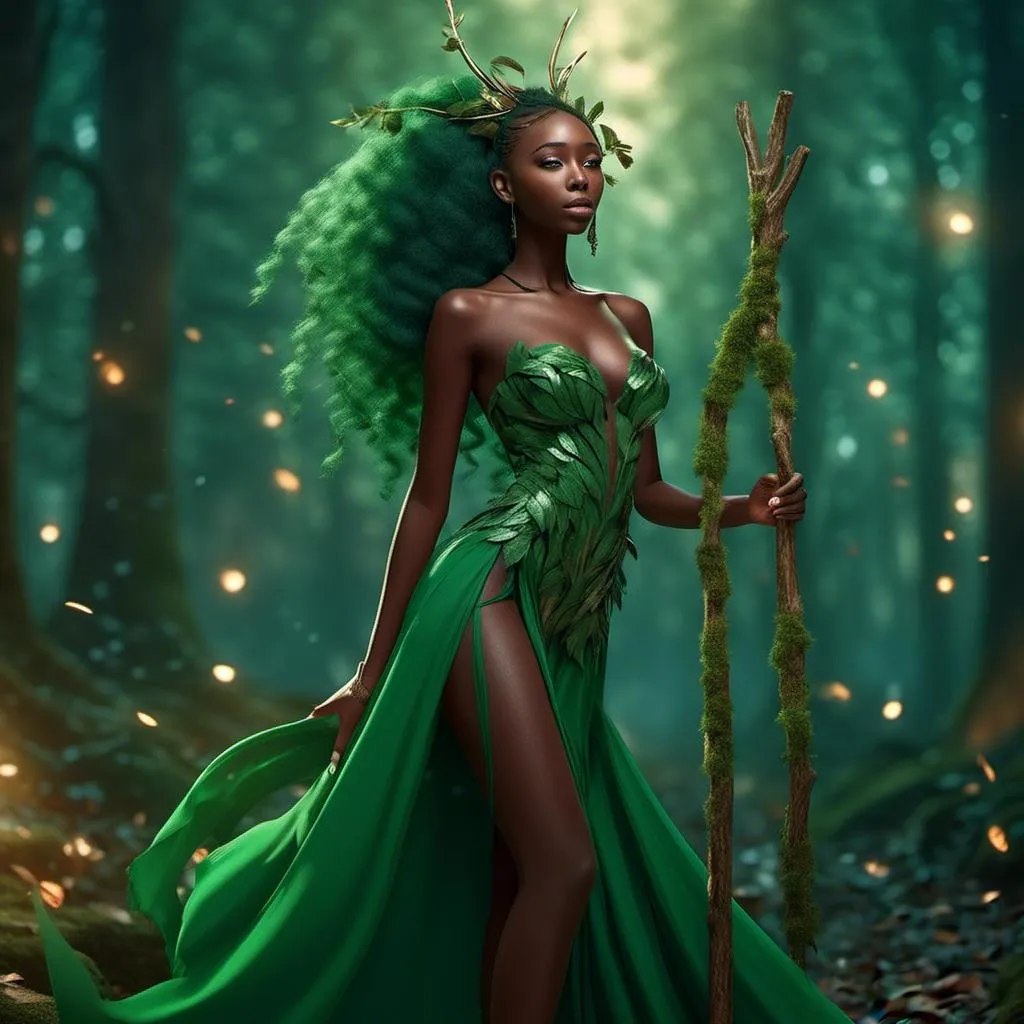 Prompt: <mymodel> 4K anime style quality, digital drawing mode, Magical forest-themed anime female character, long moss-green hair adorned with barks, deep forest-green eyes, wearing a gown made of leaves and bark, holding a wooden staff , Blur the background to create a three-dimensional effect, atmosphere, standing in an ancient forest surrounded by towering trees and mystical creatures, radiant skin, calm and protective expression, full body, dynamic pose, life size, perfect anatomy, detailed skin texture, full HD, 4K, HDR, perfect anatomy, depth of field.