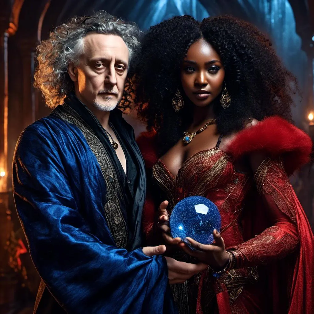 Prompt: <mymodel> 4K photorealistic style quality, digital UHD photo mode, a beautiful couple of an ebony woman and a caucasian white man, (heroic-fantasy sorcerers), (holding blue glittering crystal balls that are throwing bolts of lightning), wearing exquisite, intricately designed heroic-fantasy black and red sorcerers costumes, ethereal magical aura, dramatic lighting casting shadows, vivid colors enhancing their powerful presence, enchanting background hinting at mystical landscapes, ultra-detailed, enchanting scene, heroic-fantasy sorceress attire, captivating atmosphere brimming with magic and intrigue.