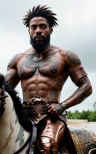 Prompt: a man with tattoos on his chest and arms in a copper amour and fur on his shoulders, holding a sword in his hand, riding a chimera, Dulah Marie Evans, afrofuturism, white skin, a marble sculpture, stormy weather, lightning, hyperrealistic