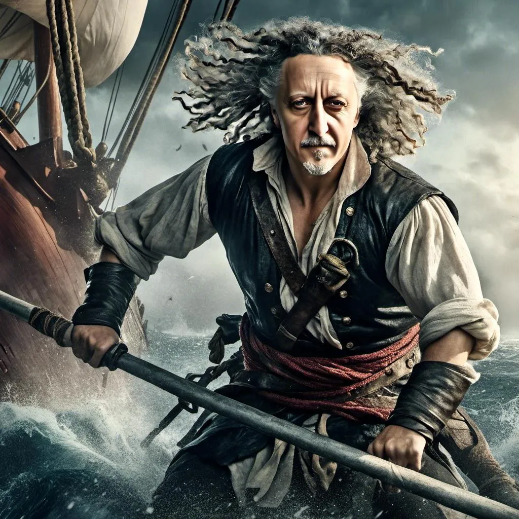 Prompt: <mymodel> A photorealistic portrait of a (man pirate), fighting confidently and furiously on the deck of a ship, exuding fierce intensity, (detailed facial features), strong muscles visible, sharp expressions showcasing determination, (realistic lighting) enhancing her stature, the background features a dynamic ocean scene with waves lapping against the ship, (4K quality), conveying an adventurous and powerful atmosphere.