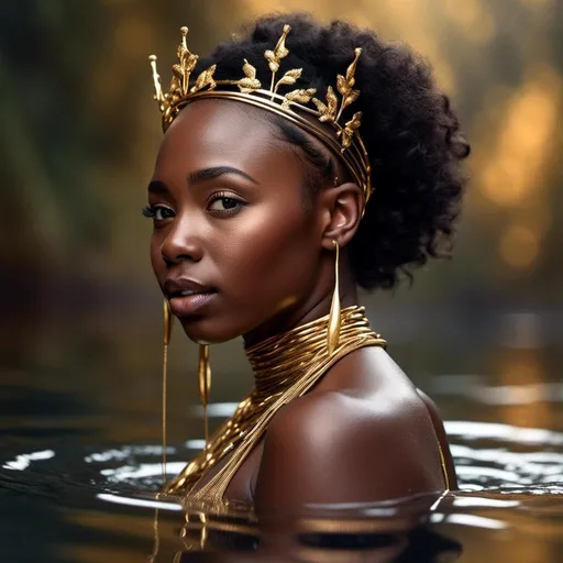 Prompt: <mymodel> (photorealistic) dynamic stunning ebony nymph wearing golden braided laurels as a crown, swimming rapidly in a tranquil mountain lake, vivid reflections on water, detailed facial features and expressive eyes, defined muscles glistening under the natural light, atmospheric chiaroscuro effect, underwater with serene ambiance, nymph attire, ultra-detailed textures, professional studio quality, cinematic shot, 8K resolution, captivating sensual lighting, showcasing the beauty of nature.