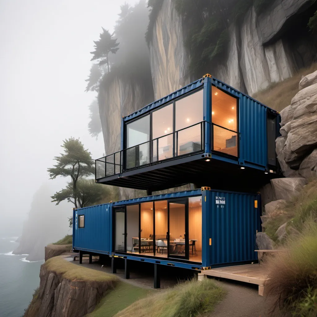 Prompt: Foggy cliff side container homes