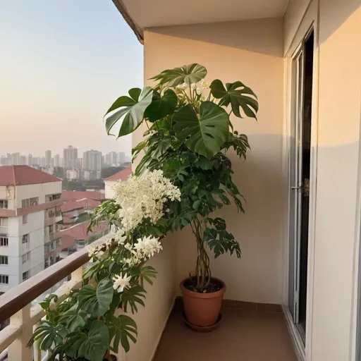 Prompt: a balcony with a small town view, golden hour, a monstera plant is kept on the balcony. This plant has arial roots and some leaves are torn. Beside that there is another plant named aromatic jasmine, it has small white flowers all over the plant. There is another big plant beside that. Which is a bogonvellia. This is attached with the relling of the balcony ans has mane white flowers. a ash brown colored cat sitting beside but cant see his face.