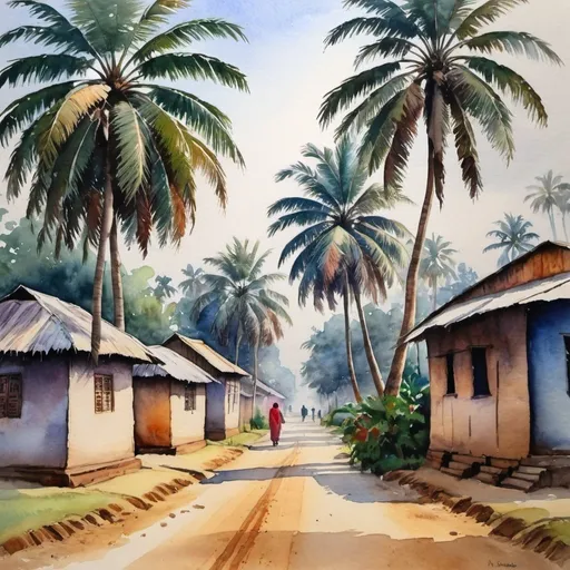 Prompt: Watercolor
A village in Bangladesh 
Winter 
Palm trees 
