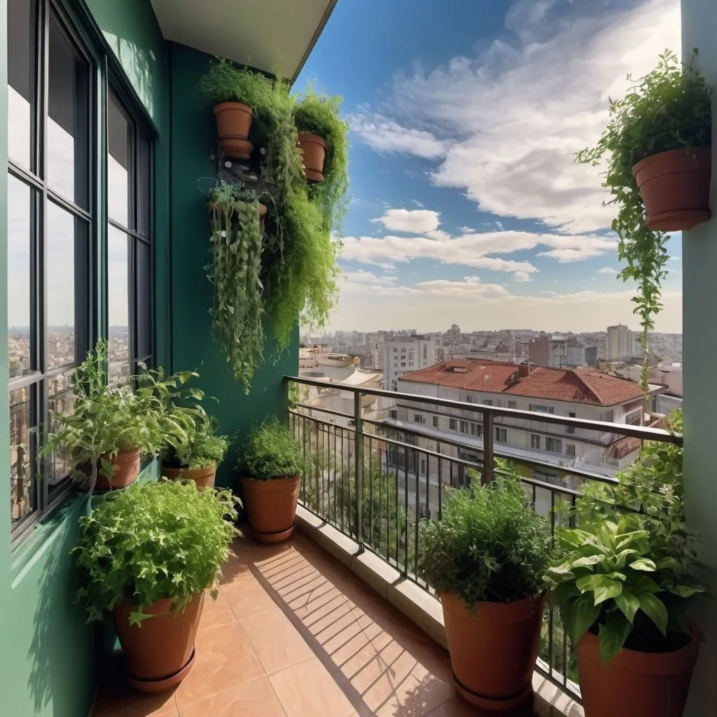 Prompt: acrylic painting 
a balcony in a city with beautiful sky 
Balcony is filled with green plants 
Outside view has a lot of tree elements 

