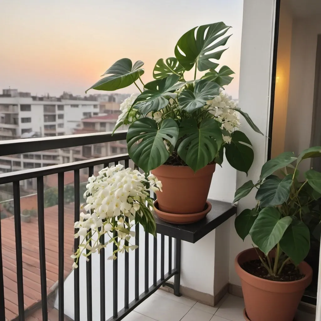 Prompt: a balcony with a small town view, golden hour, a monstera plant is kept on the balcony. This plant has arial roots and some leaves are torn. Beside that there is another plant named aromatic jasmine, it has small white flowers all over the plant. There is another big plant beside that. Which is a bogonvellia. This is attached with the relling of the balcony ans has mane white flowers. a ash brown colored cat sitting beside but cant see his face. add a cat 