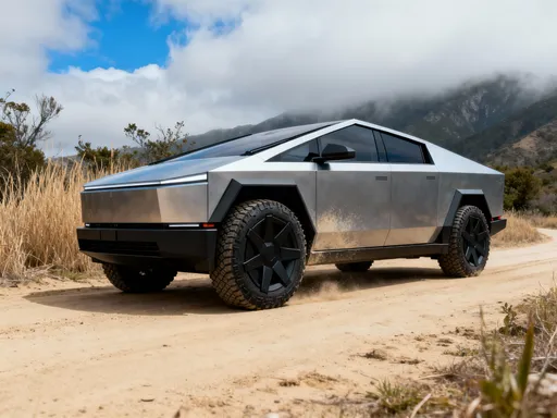 Prompt: This photograph captures a futuristic, angular, four-door electric car parked on a sandy, dirt road in a semi-rural, mountainous area. The car's design is sleek and modern, with a prominent, rectangular front grille and sharp, geometric lines that give it a high-tech, almost sci-fi appearance. The vehicle's body is predominantly metallic silver with black accents, including the lower front bumper and the edges of the doors. The car features large, black, multi-spoke alloy wheels with thick, rugged tires, suggesting it is designed for both on-road and off-road use.
The windows are narrow and rectangular, with a dark tint that adds to the car's futuristic look. The roof is slightly sloped, and the car's overall shape is boxy yet streamlined, with a low profile. In the background, there are tall, dry grasses and sparse bushes, indicating a dry, possibly desert-like environment. The sky is mostly cloudy with patches of blue, and the distant mountains are partially obscured by mist. The car's tires are slightly dusty, suggesting it has been driving on the unpaved road. The overall image conveys a sense of advanced technology in a natural, rugged setting.