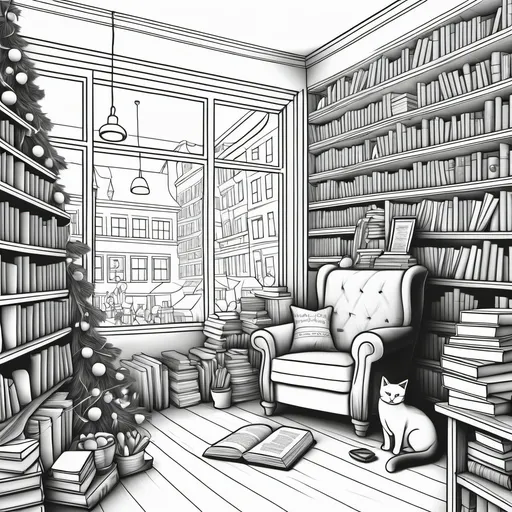 Prompt: B & W coloring page of a 
cozy bookstore in the city during Christmas time with a fireplace and sleeping cat and steaming cup of coffee