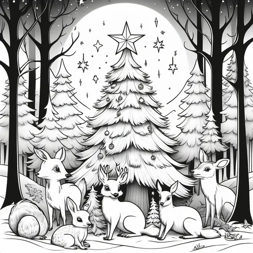 Prompt: B & W coloring page woodland creatures gathered around a christmas tree in the forest with a star above