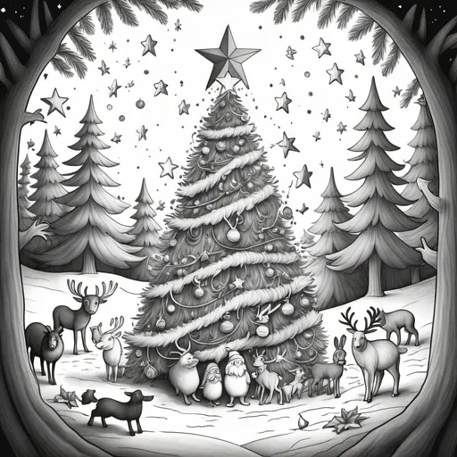 Prompt: B & W coloring page wooland creatures gathered around a christmas tree in the forest with a star above