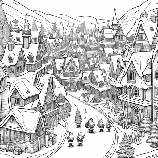 Prompt: B & W coloring page 
Santa's village at the north pole with bustling street of elves