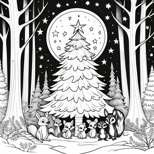 Prompt: B & W coloring page woodland creatures gathered around a christmas tree in the forest with a star above