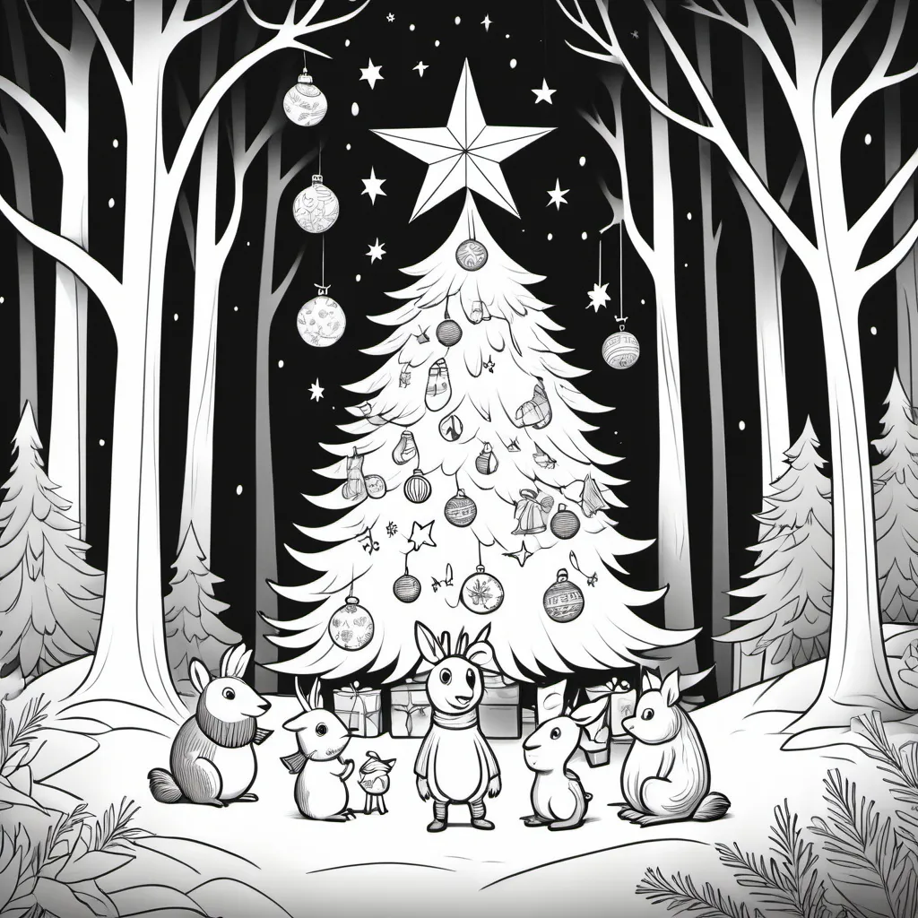 Prompt: B & W coloring page wooland creatures gathered around a christmas tree in the forest with a star above