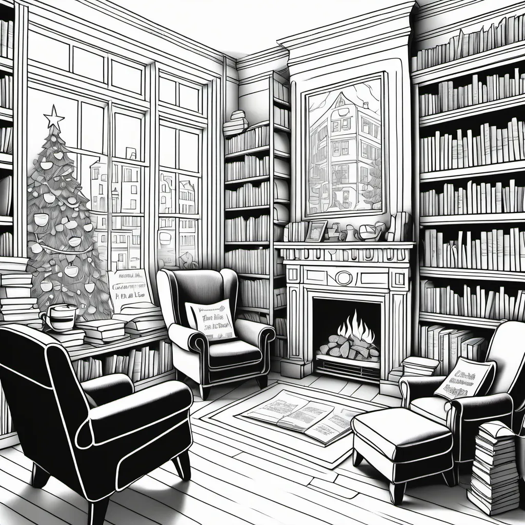 Prompt: B & W coloring page of a 
cozy bookstore in the city during Christmas time with a fireplace and sleeping cat and steaming cup of coffee