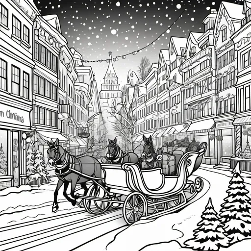 Prompt: B & W coloring page sleigh ride in the snow on a busy christmas city street