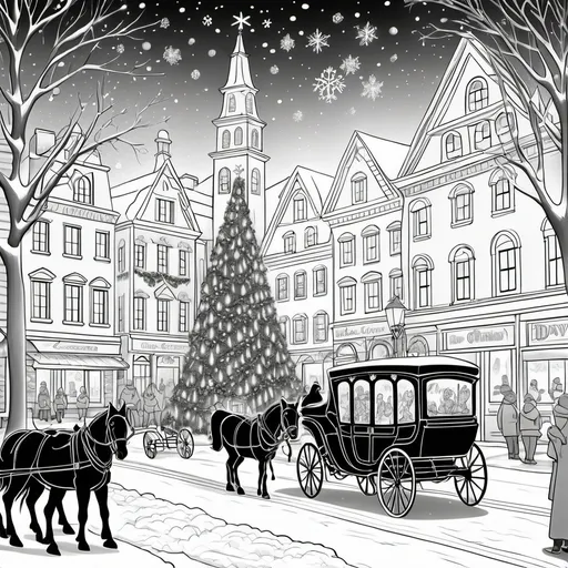 Prompt: (black and white) coloring page, cozy town square, Christmas time, gentle snowflakes falling, carolers in warm outfits, grand Christmas tree adorned with lights, charming buildings in the background, intricate details, festive atmosphere, holiday spirit, carriage in the background, clearly defined outlines.