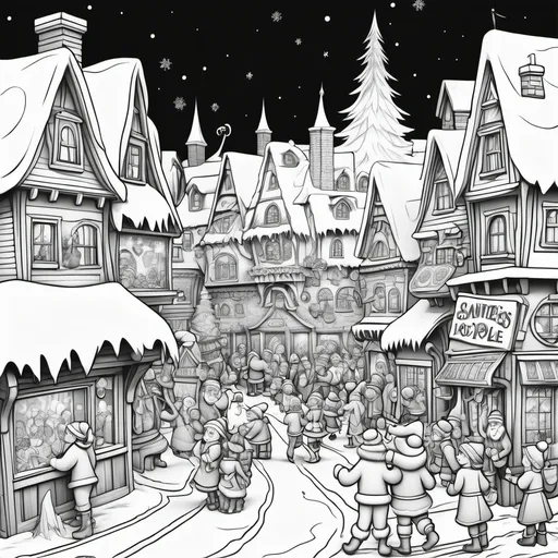 Prompt: B & W coloring page 
Santa's village at the north pole with bustling street of elves