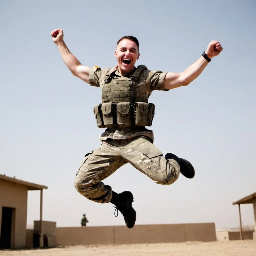 Prompt: An army soldier, jumping in the air looking very happy and very gay